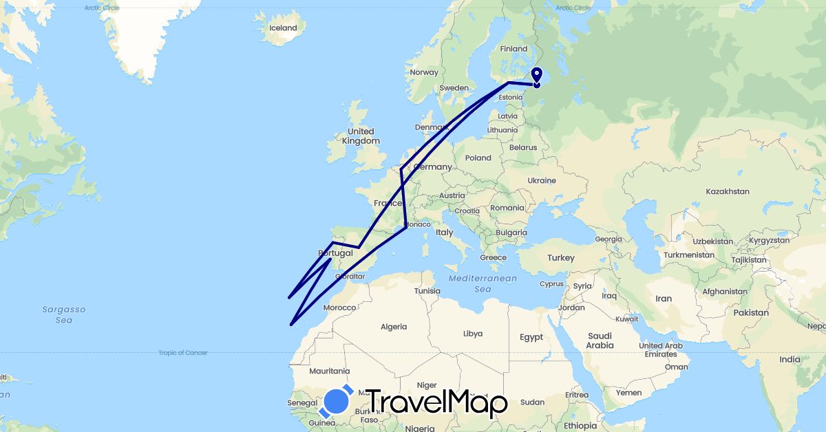 TravelMap itinerary: driving in Belgium, Spain, Finland, France, Portugal, Russia (Europe)